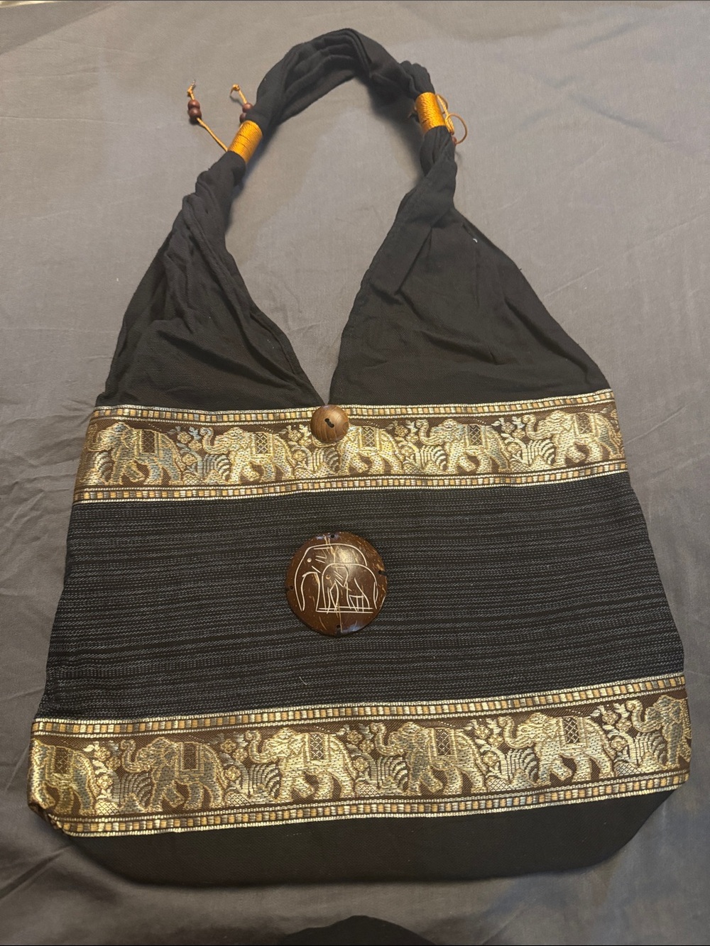 Black & Gold Embroidered Elephant Tote Bag